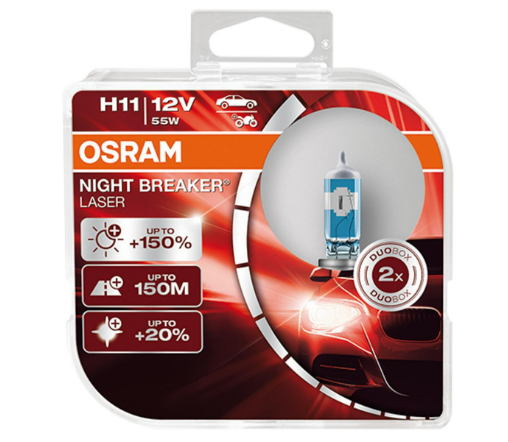 JUEGO DE LAMPARAS HALÓGENAS H11 | 12V 55W PGJ19-2 NIGHT BREAKER LASER 150% + LUZ REEMPLAZA A H11 NBU