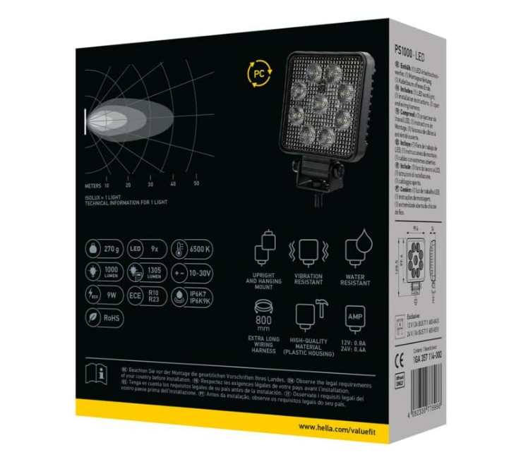 FARO LED PS1000 CUADRADO 9 LED HELLA DE REVERSA | 12-24V 9W