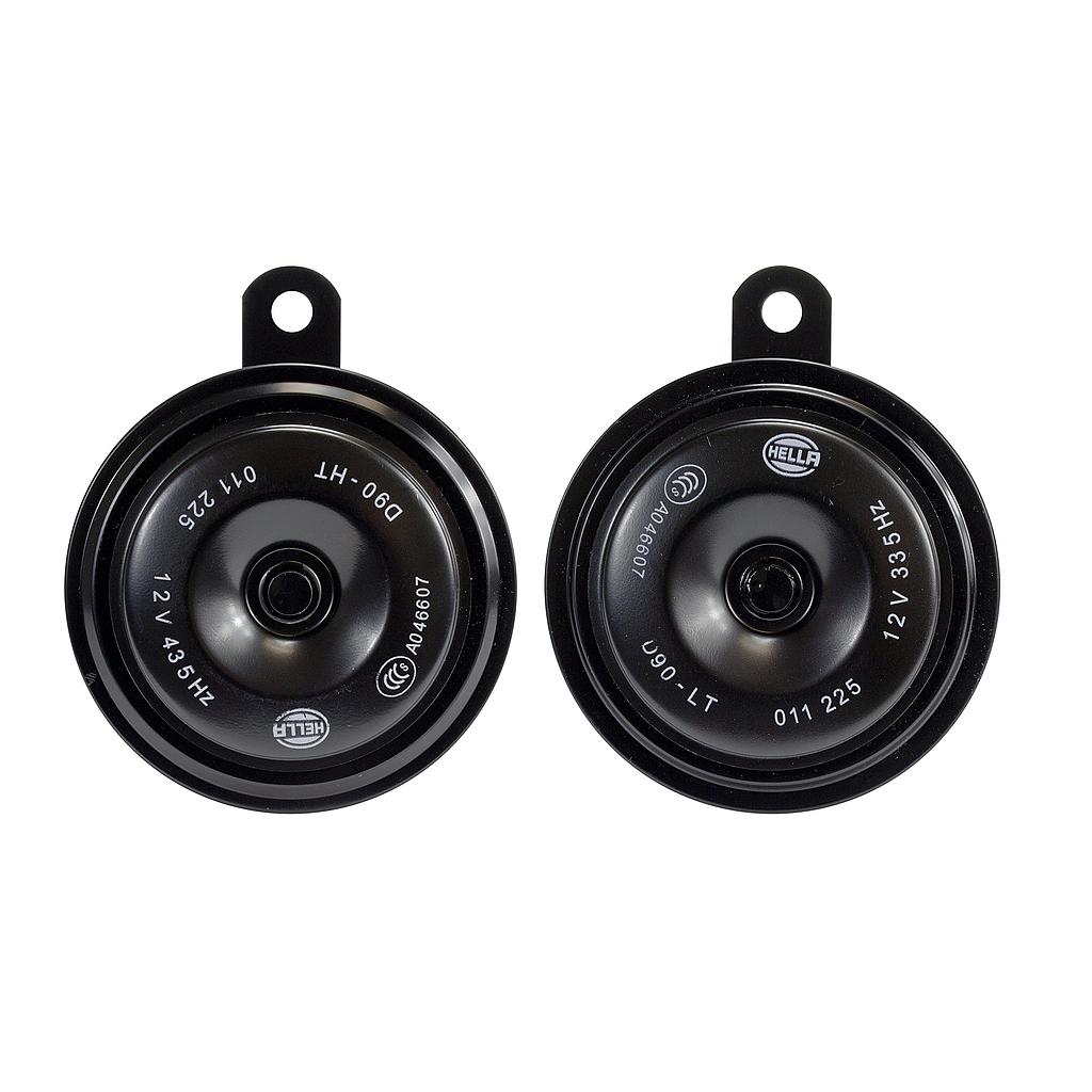 JUEGO DE BOCINAS HELLA BLINDADAS 2 TERMINALES 12V 92MM UNIVERSAL NEGRA